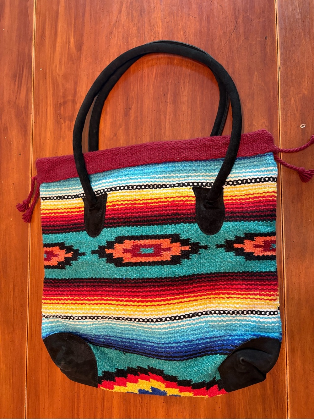Pendleton style Southwestern Stripe Bag - Turquoise & Multicolor; Suede trim